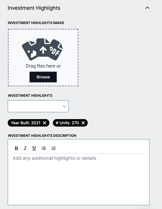 Deal Page editor investment highlights section