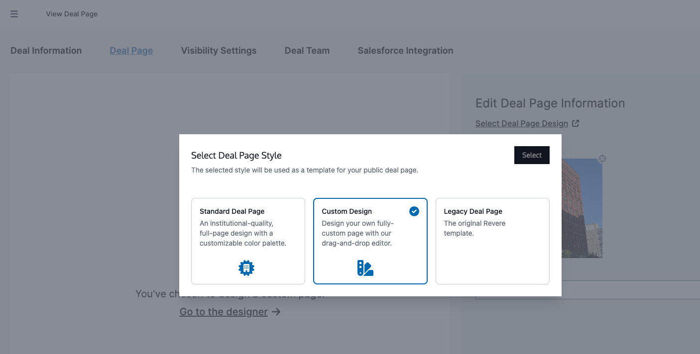 The &#39;Select Deal Page Design&#39; dialog with &#39;Custom Design&#39; selected