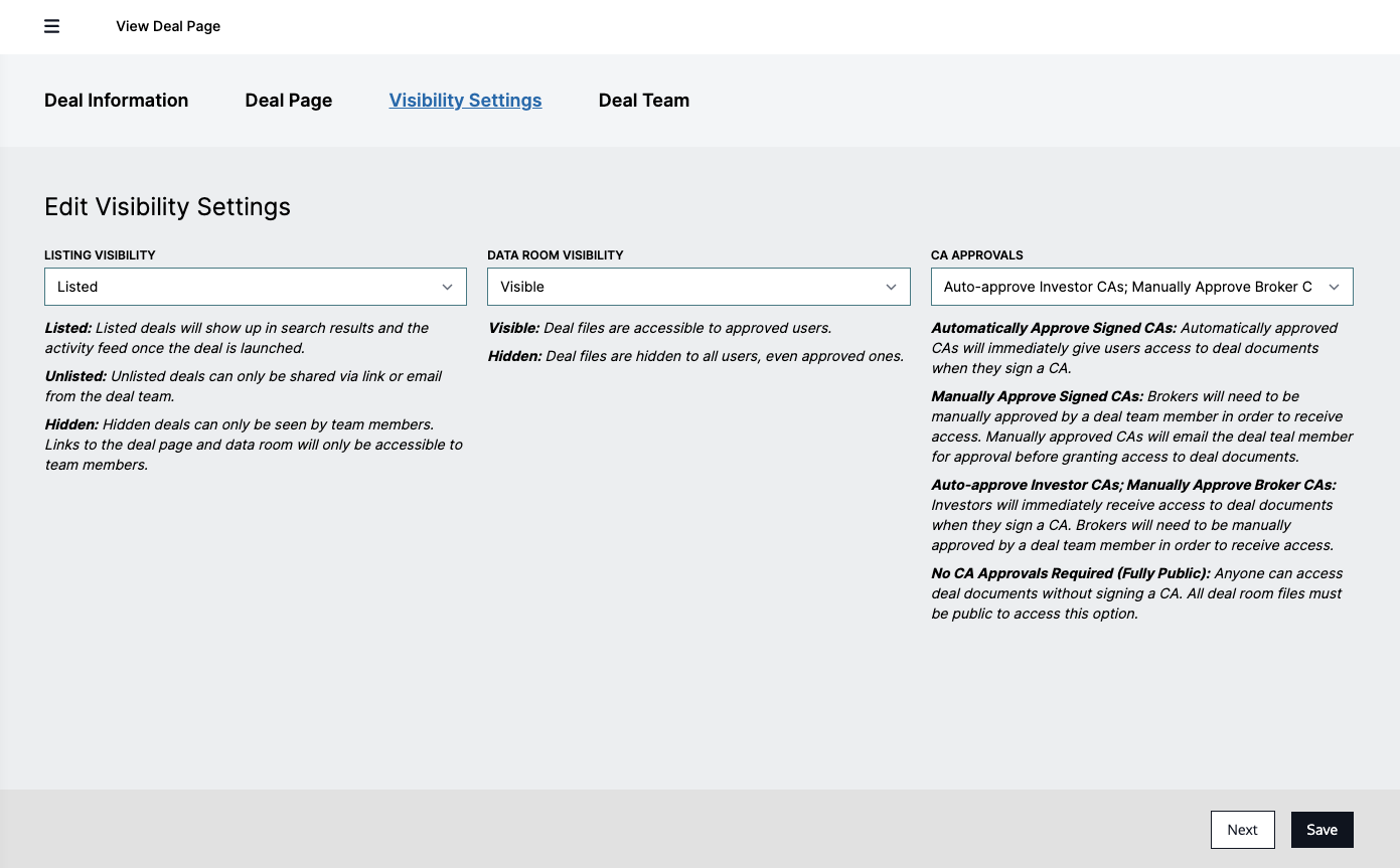 Deal Visibility Settings Interface